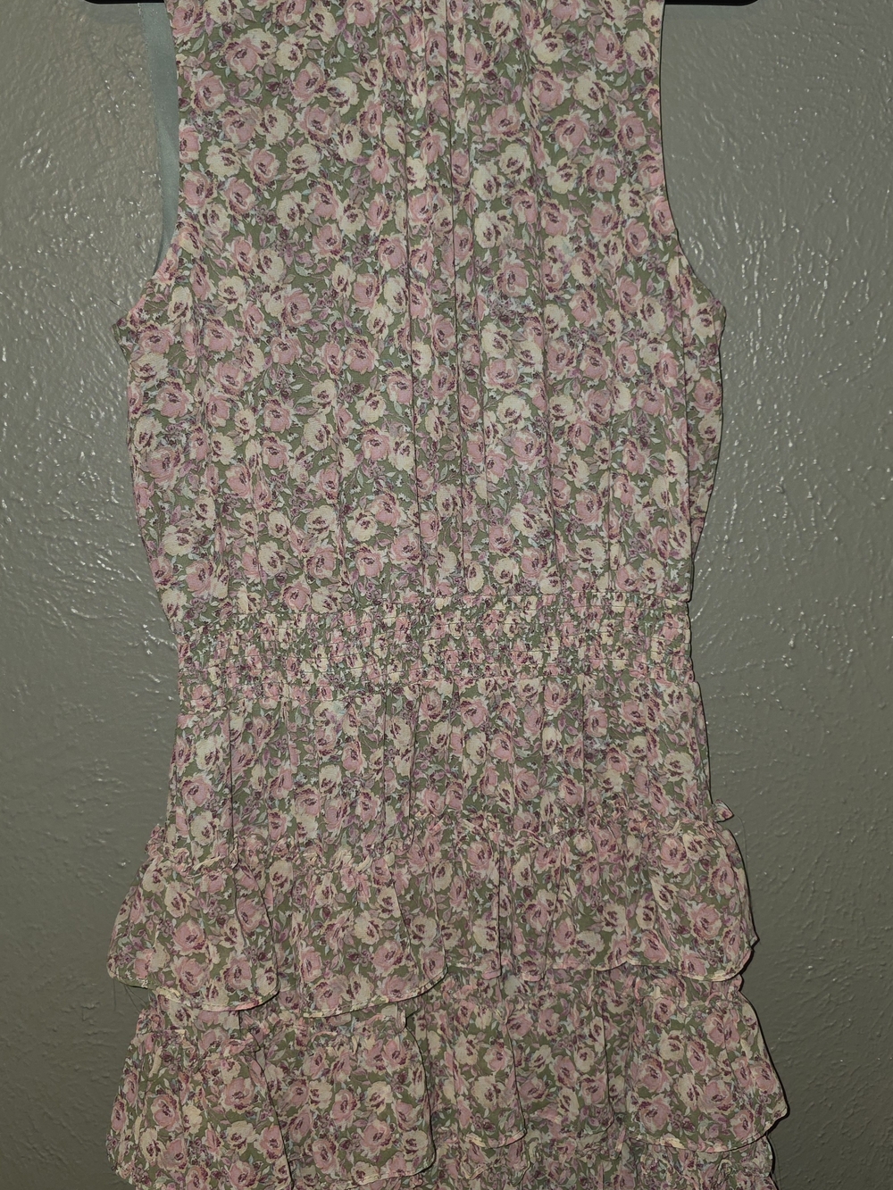 MSK Floral Sleeveless Ruffled Tiered Smocked Mini Dress Pink Green Size L